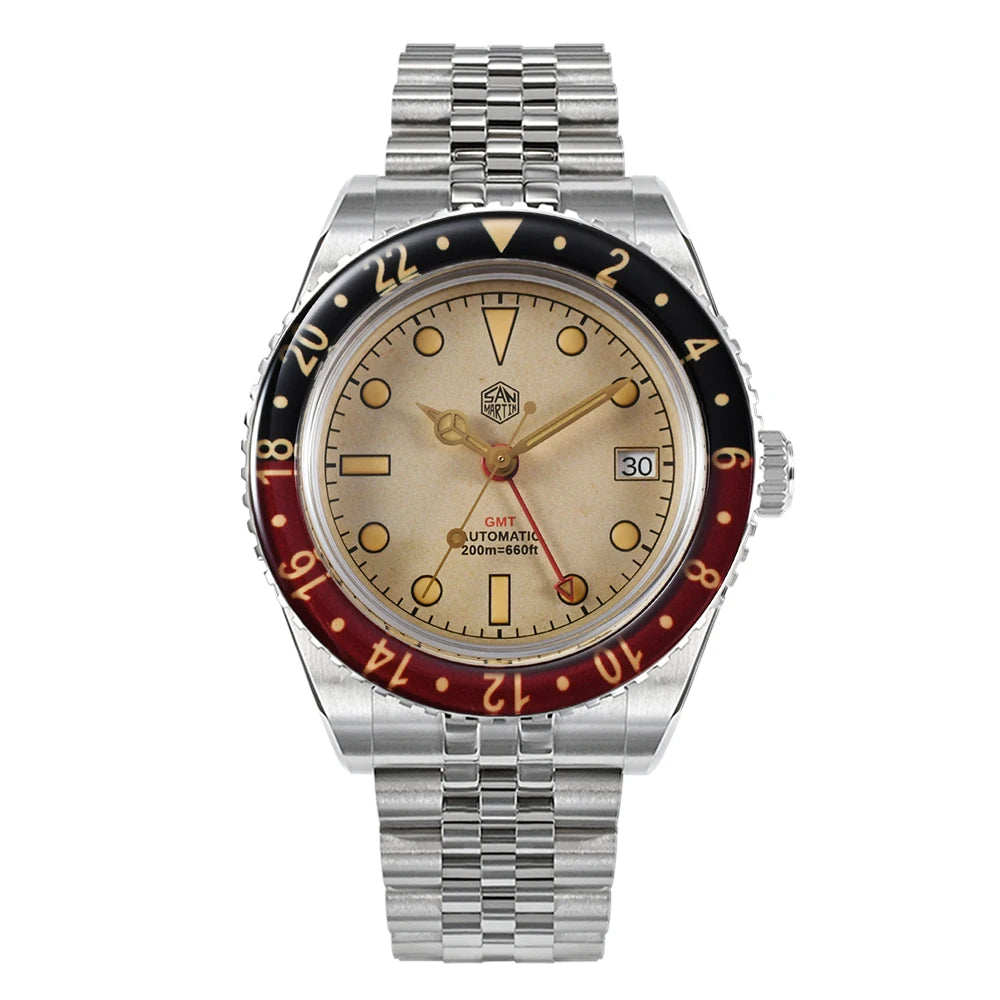 San Martin 40mm SN0005 Retro GMT NH34 Automatic Distressed Patina Dial Bi-color Sapphire Bezel Jubilee Mens Watches 20Bar Lume