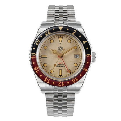 San Martin 40mm SN0005 Retro GMT NH34 Automatic Distressed Patina Dial Bi-color Sapphire Bezel Jubilee Mens Watches 20Bar Lume