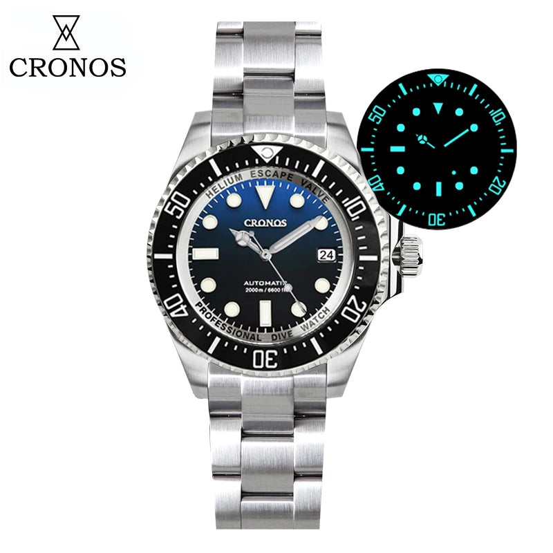 Cronos Automatic Diving Watch Stainless Steel 2000 Meters Water Resistance Professional Diver PT5000 SW200 Miyota9015 90S5 L6027M