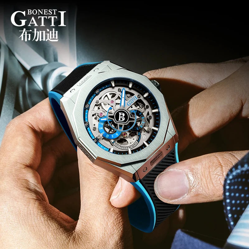 BONEST GATTI BG7601 Men Automatic Mechanical Watch Sapphire Crystal Waterproof Luminous Rubber Strap Wristwatch