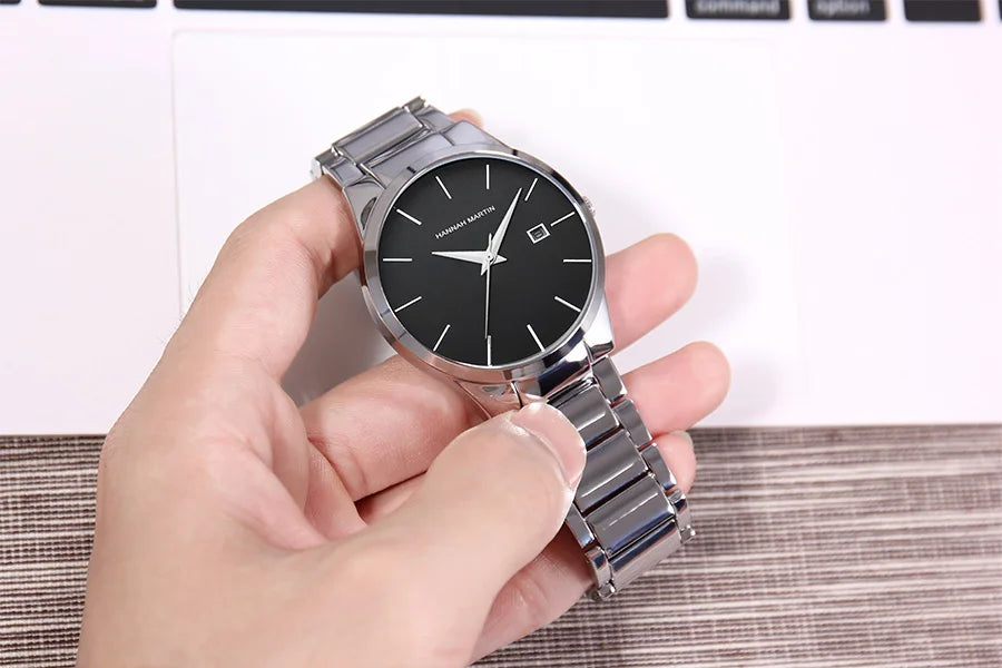 Ceas pentru bărbați Hannah Martin, carcasă din oțel inoxidabil, mecanism cu cuarț, cadran de 41 mm, stil profesional, cu afișaj calendar (imitație)