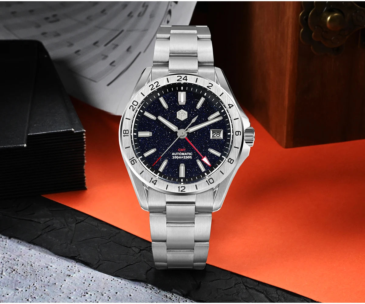 San Martin 39mm Aventurine Gemstone Dial Luxury Men's Watch NH34 GMT Automatic Mechanical Sapphire Waterproof Luminous SN0129