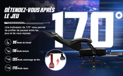 Daccormax Ergonomic Gaming Chair with Footrest, Reclining 170°, PU Leather Racing Chair with Lumbar Support and Headrest