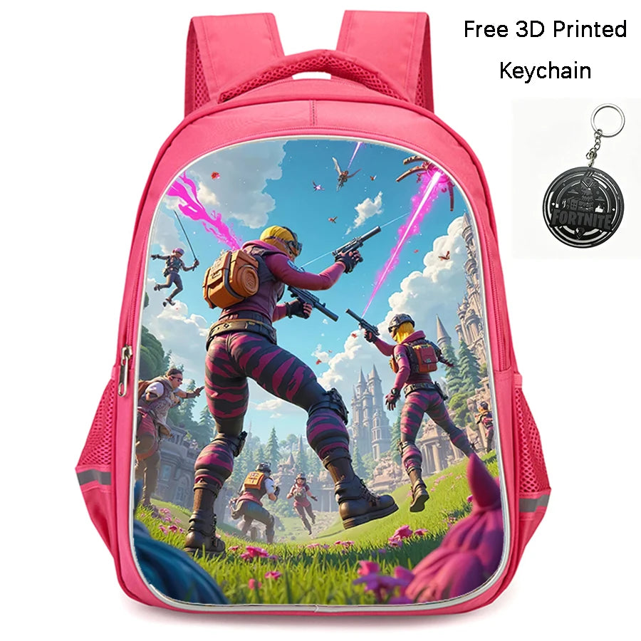 FORTNITE 16-inch Durable Lightweight Backpack, Dual Zipper Pockets, Cartoon Style for Boys & Girls Ages 6-10, Free 3D Printed Keychain