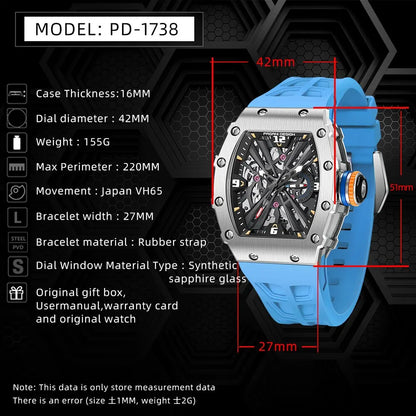 2026 Neue PAGANI DESIGN Herren-Quarzuhr VH65-Uhrwerk, Skeleton-Zifferblatt, 100M wasserdicht, sportliche rechteckige Uhr mit Saphirglas für Herren