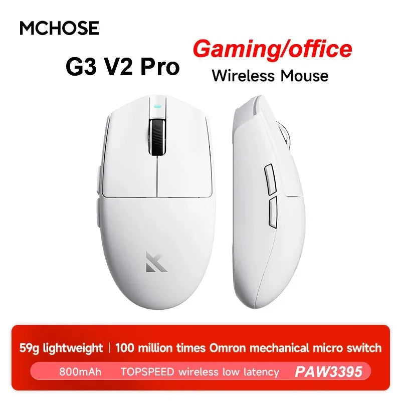 Rato sem fios eSports MCHOSE G3 V2 Pro leve, três modos, Bluetooth, PAW3395 de alto desempenho, 800mAh, gaming e escritório, 59g
