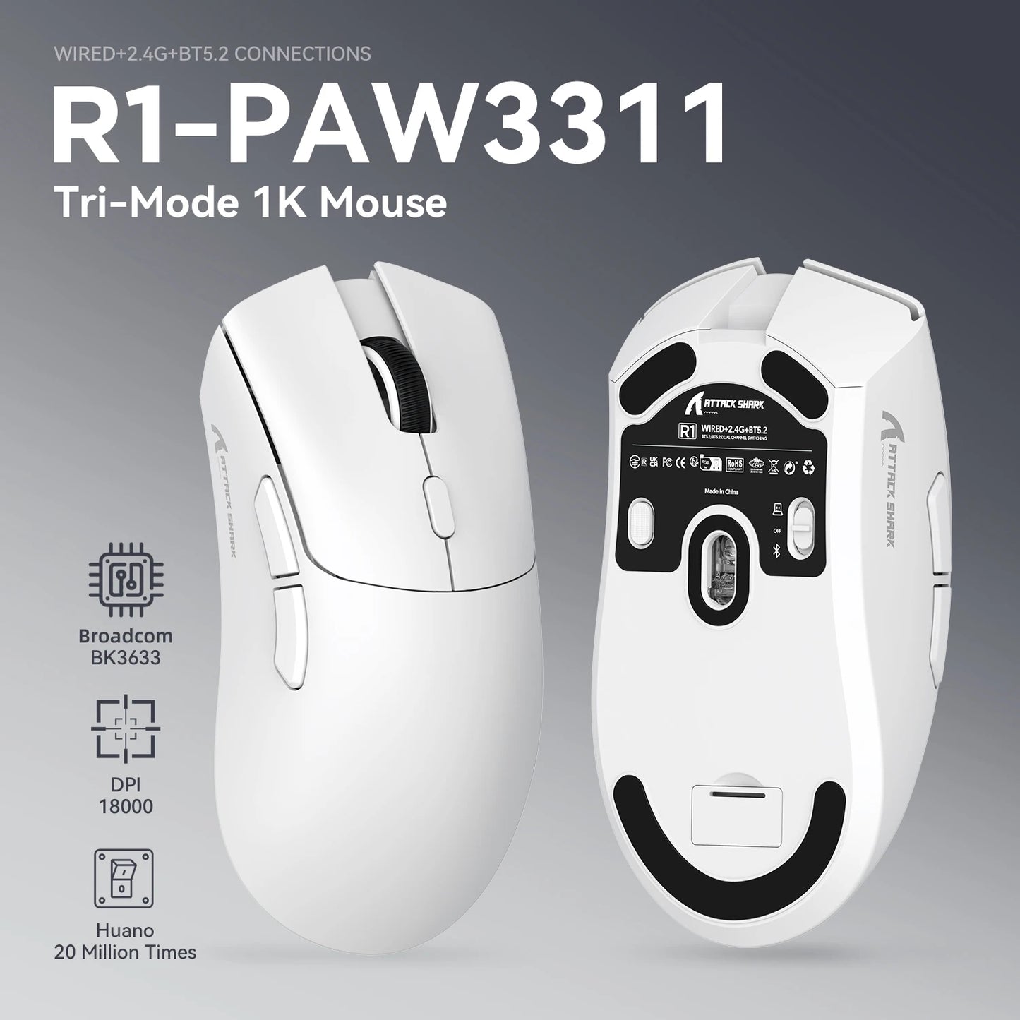 Rato Gaming Tri-Mode ATTACK SHARK R1, Sensor PixArt PAW3311, 18000 DPI, 1000hz, ultraleve de 59g para mãos grandes, para PC/Mac