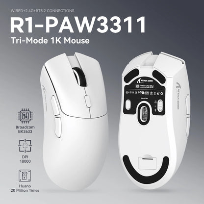 Rato Gaming Tri-Mode ATTACK SHARK R1, Sensor PixArt PAW3311, 18000 DPI, 1000hz, ultraleve de 59g para mãos grandes, para PC/Mac