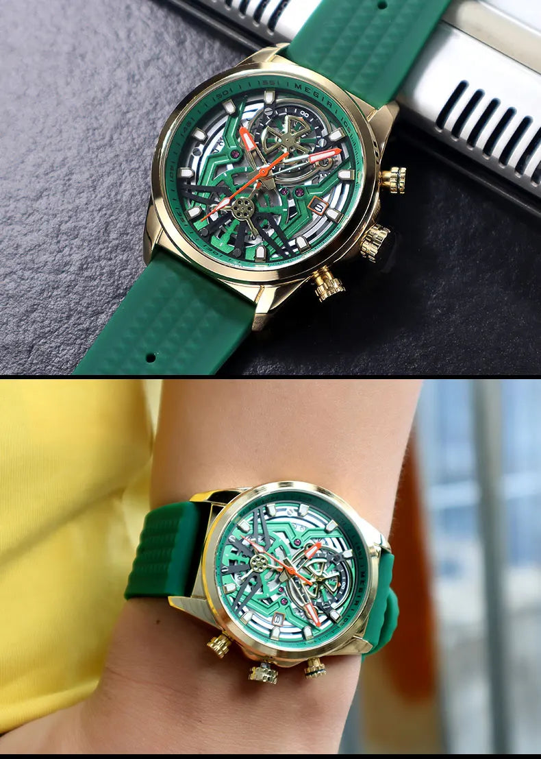 MEGIR Chronograph Quartz Watch Men Fashion Waterproof Yellow Silicone Strap Sport Wristwatch with Luminous Hands Auto Date 2235