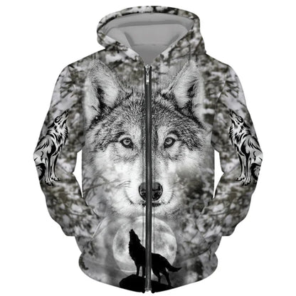 3D Wolf Print Men Zipper Hoodies Fashion Animal Pattern Top Coat Street Punk Style Oversized Sweatshirts Outdoor Leisure Jackets