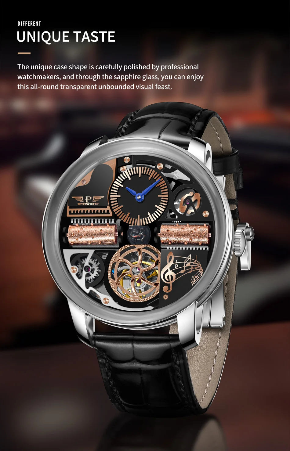 2025 NEW PINDU Design Music Series Machinery Watch Men Movement Stainless Steel Sapphire Glass Top Luxury Automatic Watch Hollow