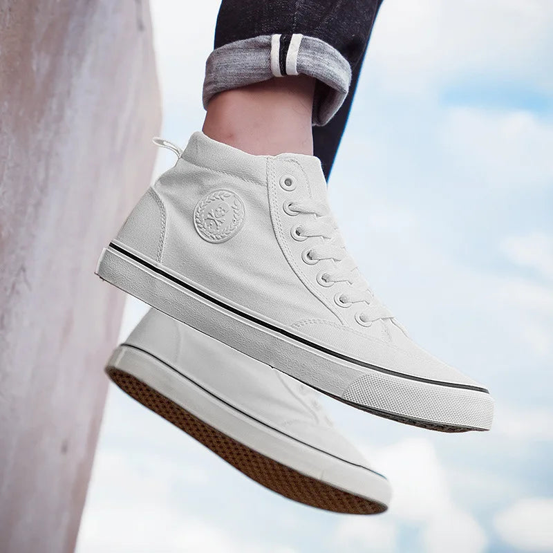 Men's High-Top Canvas Sneakers Slip-On Lace-Up Casual All-Black Basic Skate Shoes for Students Flat Sole Comfortable Sport Shoes