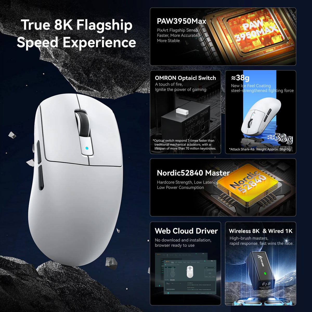 ATTACK SHARK R6 PAW3950MAX Wireless Gaming Mouse, 39g Ultralight, 8KHz Polling Rate, 42,000 DPI, Tri-Mode Bluetooth & 2.4G Gaming Mouse