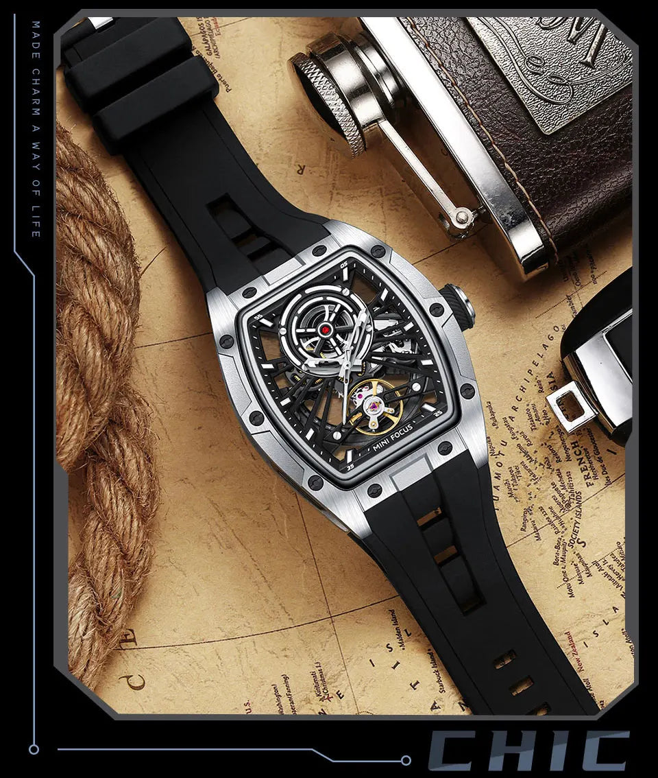 MINI FOCUS Orologio da polso da uomo fashion nero impermeabile, automatico meccanico, con lancette luminose, cinturino in silicone e quadrante tonneau