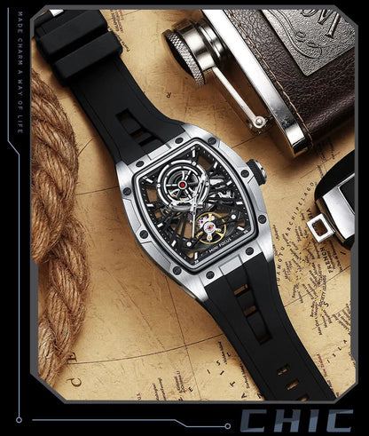MINI FOCUS Orologio da polso da uomo fashion nero impermeabile, automatico meccanico, con lancette luminose, cinturino in silicone e quadrante tonneau