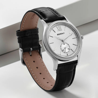 BERNY Men's Watches Luxury Classic Stylish Dress Quartz Watch Slim Stainless Steel Case Elegance Leather Strap Wristwatch