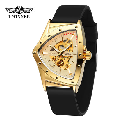 WINNER High Quality Watch for Men Triangle Steel Skeleton Mechanical Automatic Movement Clockwork Waterproof Rubber strap Wrist