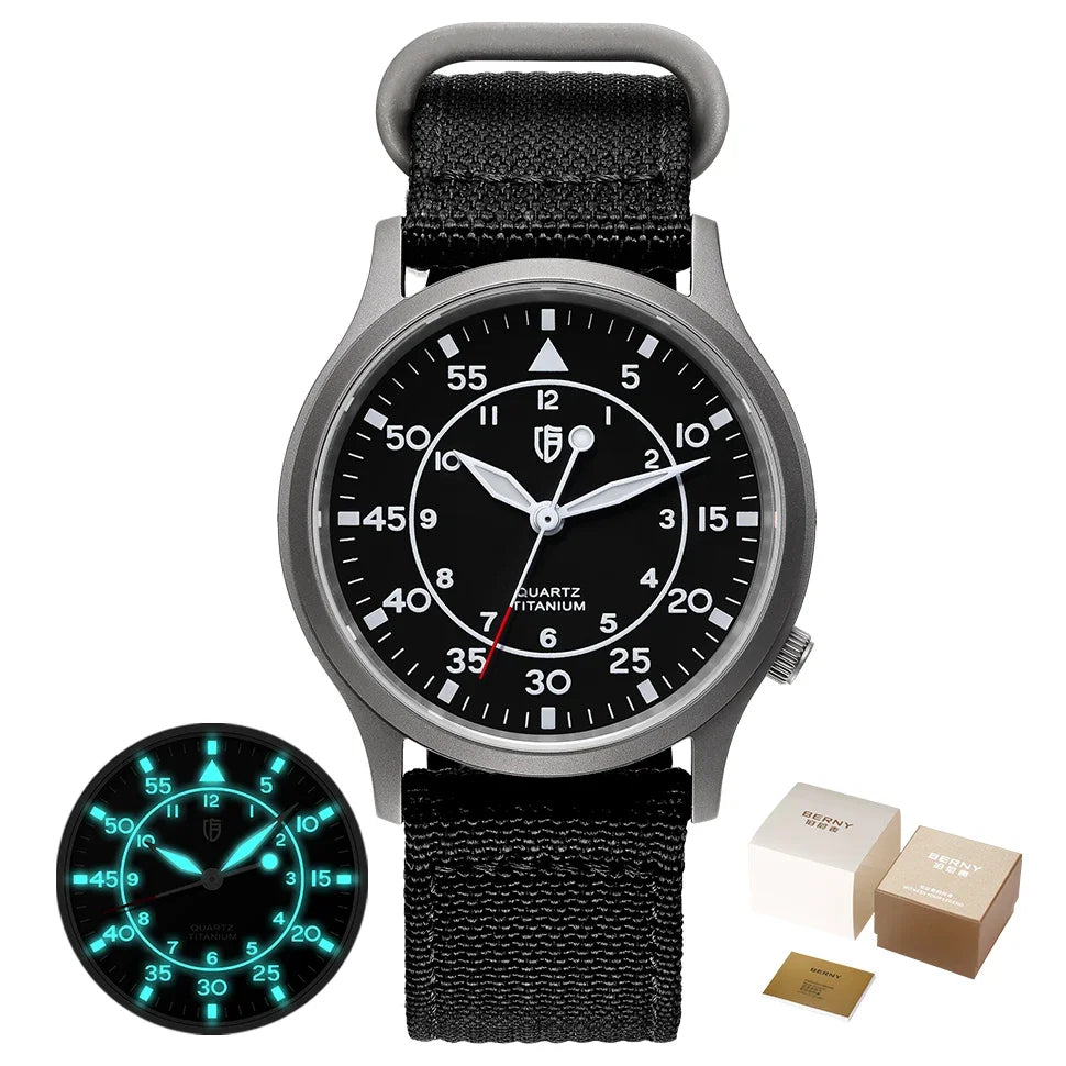 BERNY Titanium Men Quartz Watch AR Coating Sapphire Fashion Wristwatch Luminous VH31 Ultra-thin Wristwatch Waterproof 5ATM Watch