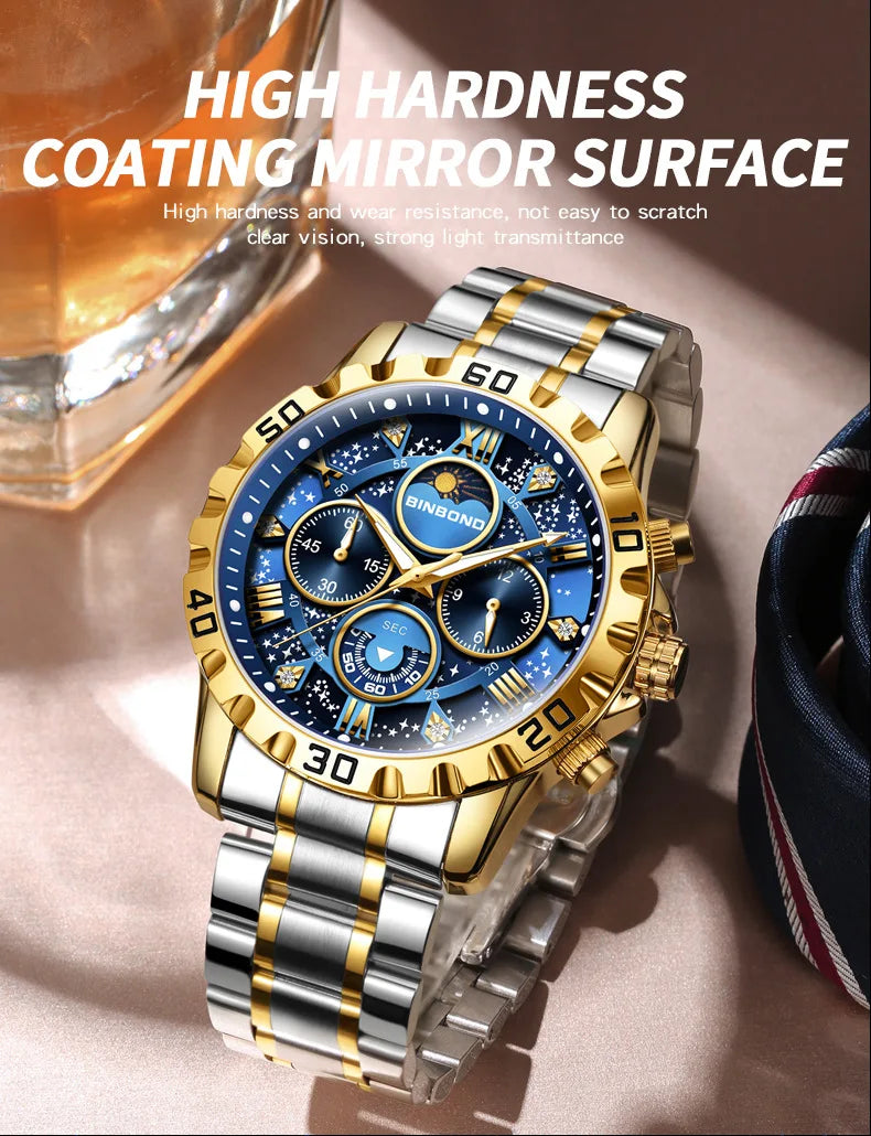 2026 Men Watch Light Luxury Business Steel Belt Moonphase Starry Night Light Waterproof Men's Fashion Quartz Clock Watches Gift