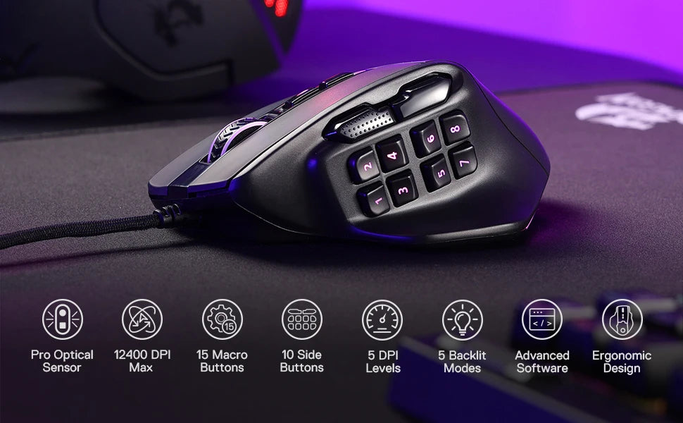 Redragon M811 Aatrox MMO igralna miška, žična RGB gamerska miška s 15 programabilnimi gumbi in ergonomsko naravno zasnovo oprijema