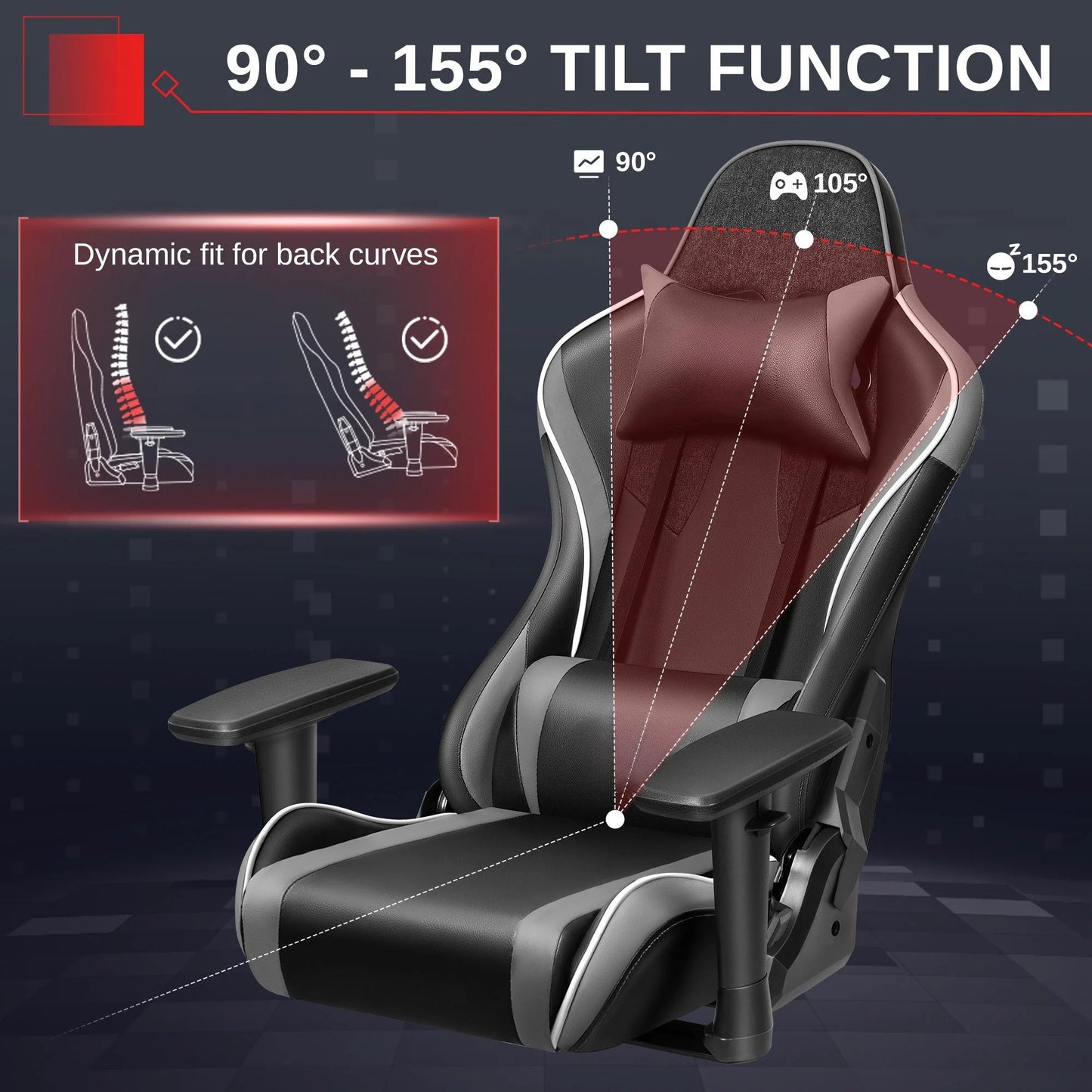 Gaming Chair, Ergonomic, with Headrest Lumbar Pillow, 135° Reclining, PU Leather Computer Chair, Black Gray