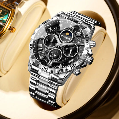 2026 Men Watch Light Luxury Business Steel Belt Moonphase Starry Night Light Waterproof Men's Fashion Quartz Clock Watches Gift