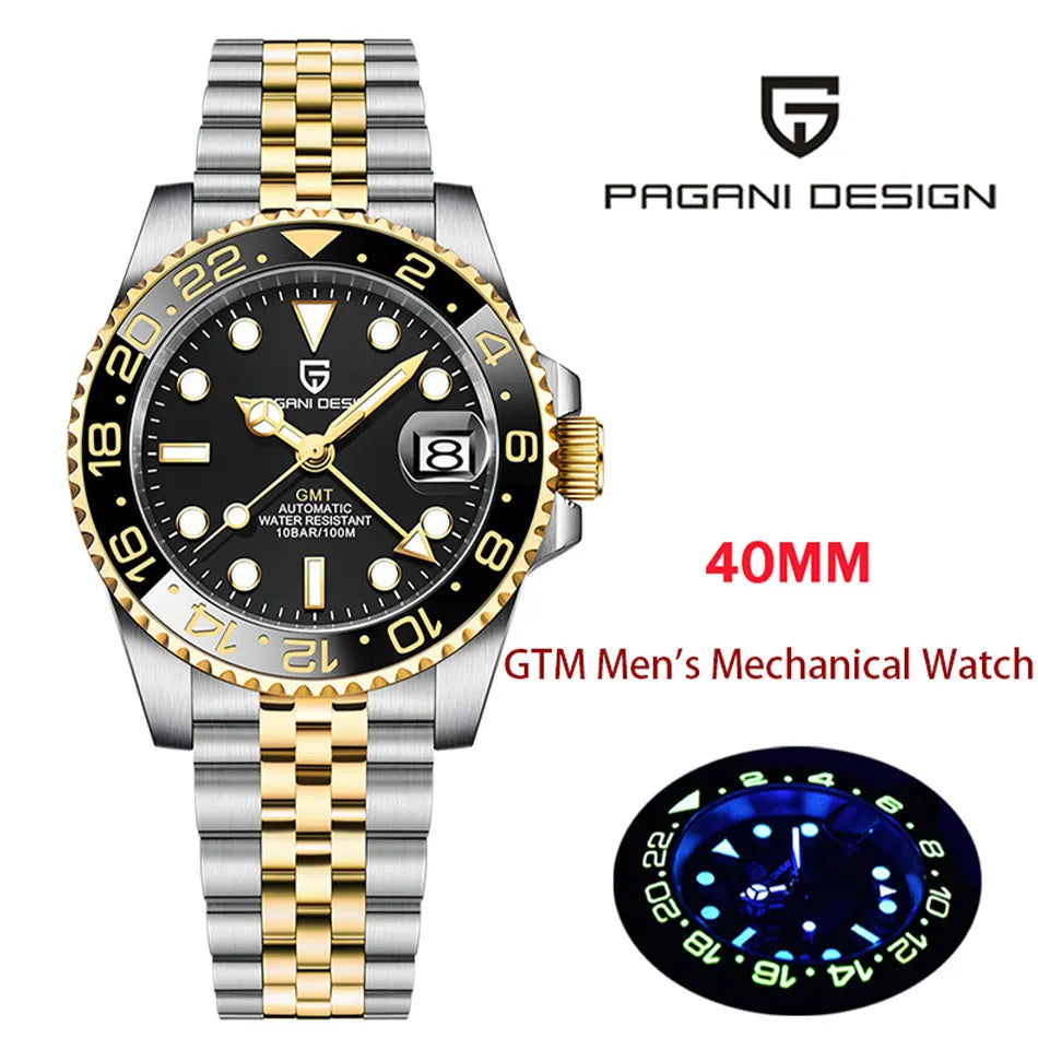 New PAGANI DESIGN Top Brand GMT Mens Wristwatch Sapphire Glass Automatic Men's Watch 100M Waterproof 40mm Men Mechanical Watches
