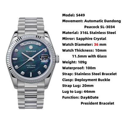 Sugess 36mm Mens of Watch Automatic Dandong Peacock SL3034 Day Movement Sapphire Glass 100m Waterproof Wristwatches MOP Date New