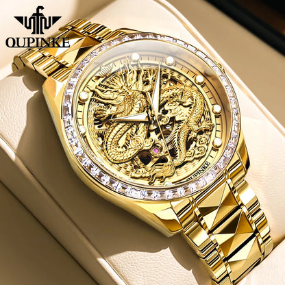 OUPINKE Herrenarmbanduhr, Top-Marke, Luxus, Gold, Wolframstahl, originale automatische mechanische Armbanduhr mit Zifferblatt im Drachenmuster