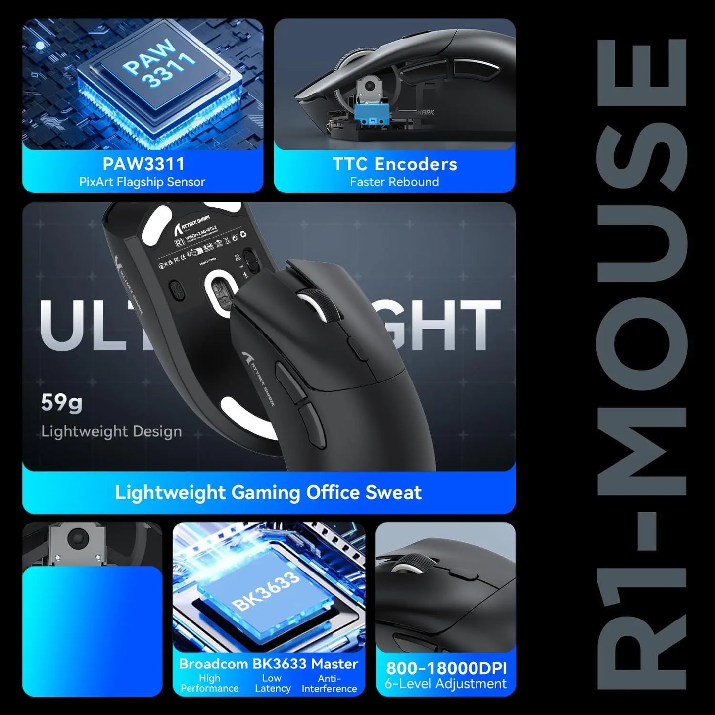 ATTACK SHARK R1 59g SUPERLIGHT Mouse, PixArt PAW3311 Gaming Sensor,  6 Adjustable DPI up to 18000, 65 Hrs Battery, G502