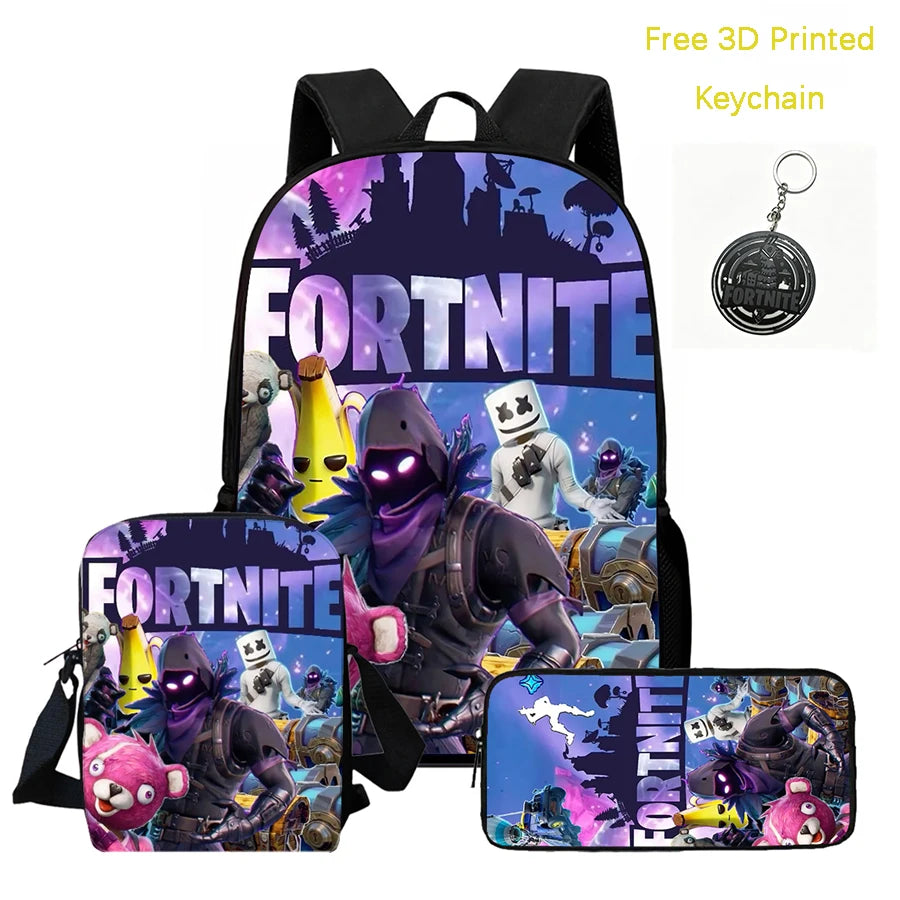 3Pcs Kids Backpack Set, Crossbody & Pencil Bag, FORTNITE Cartoon Bag, Lightweight for Boys and Girls Ages 5-10, Free 3D Printed Keychain