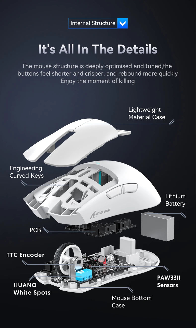 Attack Shark X11&R1 třirežimová bezdrátová Bluetooth myš s nabíjecí základnou, RGB, ergonomická, lehká myš, příslušenství pro PC hráče