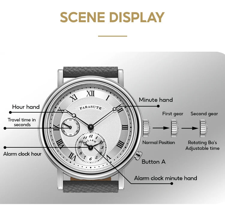 FARASUTE Retro Luxury Alarm Clock Quartz Watch Men Waterproof Night Light Wristwatch Casual Sapphire Stainless Steel Male Reloj