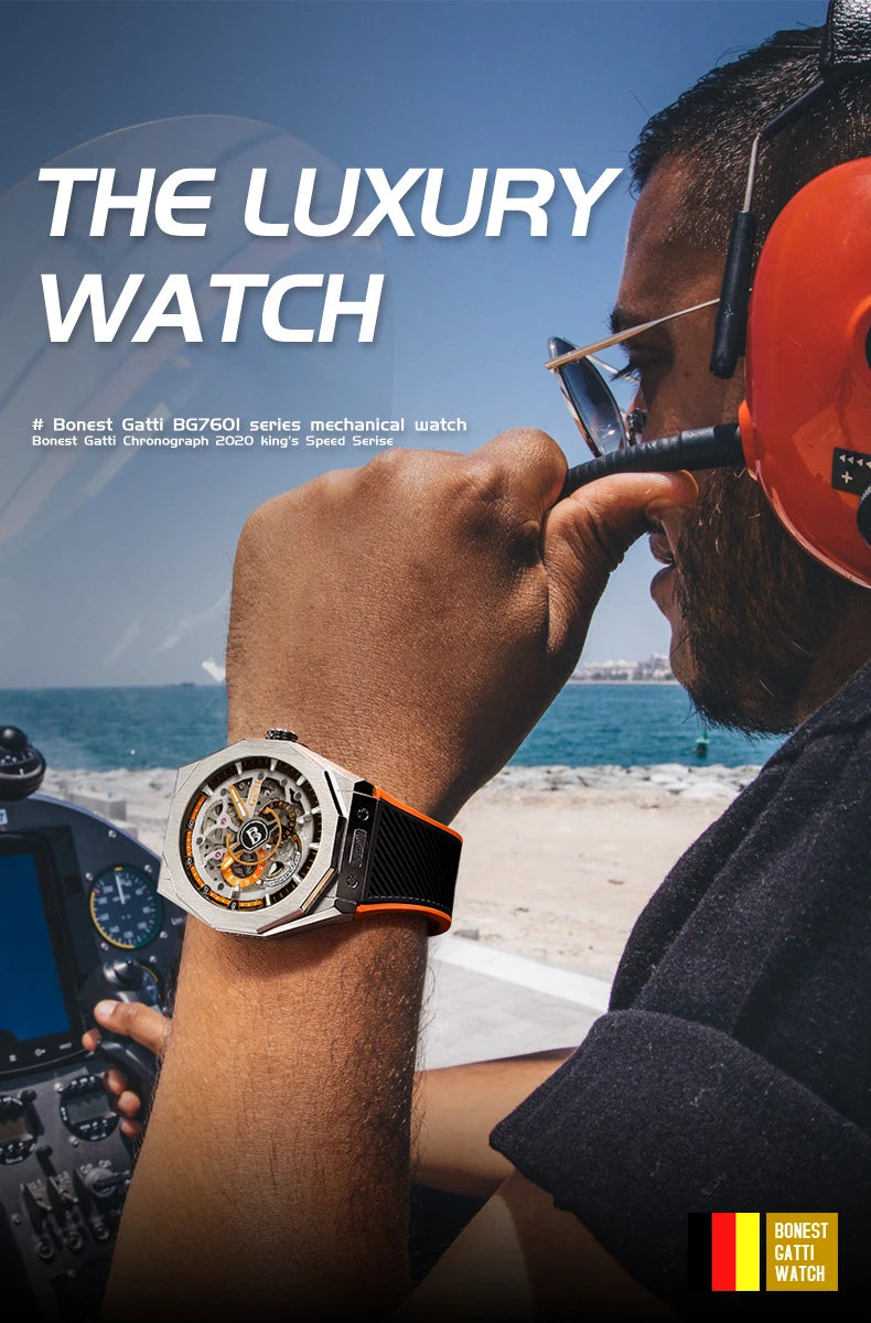 BONEST GATTI BG7601 Men Automatic Mechanical Watch Sapphire Crystal Waterproof Luminous Rubber Strap Wristwatch