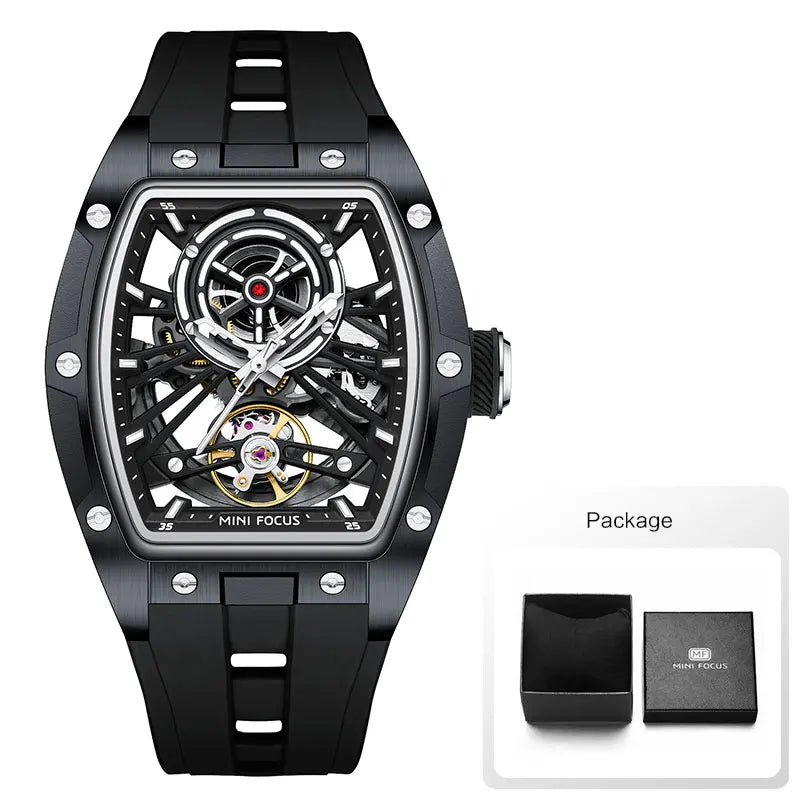 MINI FOCUS Orologio da polso da uomo fashion nero impermeabile, automatico meccanico, con lancette luminose, cinturino in silicone e quadrante tonneau
