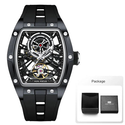 MINI FOCUS Orologio da polso da uomo fashion nero impermeabile, automatico meccanico, con lancette luminose, cinturino in silicone e quadrante tonneau