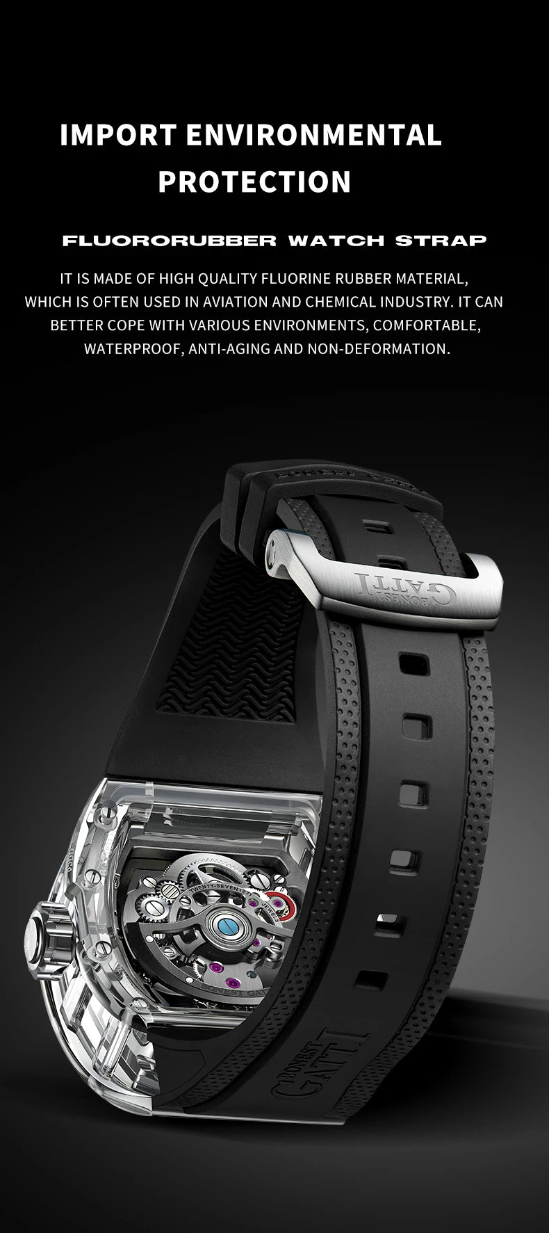 BONEST GATTI Luxury Men Automatic Tourbillon Watch Hollow Out Dial Crystal Case Sapphire Luminous Rubber Strap Wristwatch