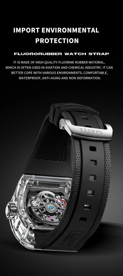 BONEST GATTI Luxury Men Automatic Tourbillon Watch Hollow Out Dial Crystal Case Sapphire Luminous Rubber Strap Wristwatch