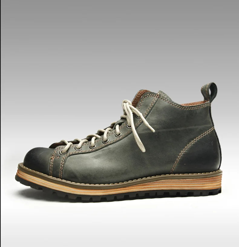 KOWM Cowhide Hiking Shoes Men's Walking Boot British Trekking Shoes Thick-Soled Cowhide High-Top Motorcycle Boots Ankle Sneakers