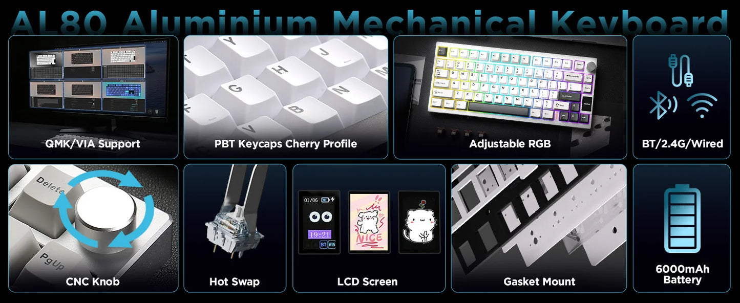 YUNZII AL80 Silver Wireless Mechanical Keyboard, Full Aluminum CNC Custom QMK/VIA Gaming Keyboard, LCD Display Hot Swap Keyboard