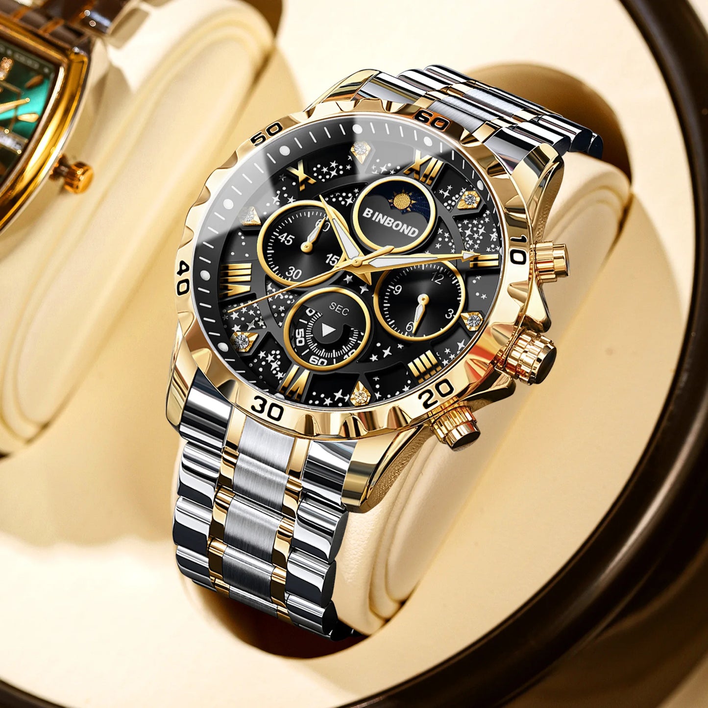 2026 Men Watch Light Luxury Business Steel Belt Moonphase Starry Night Light Waterproof Men's Fashion Quartz Clock Watches Gift