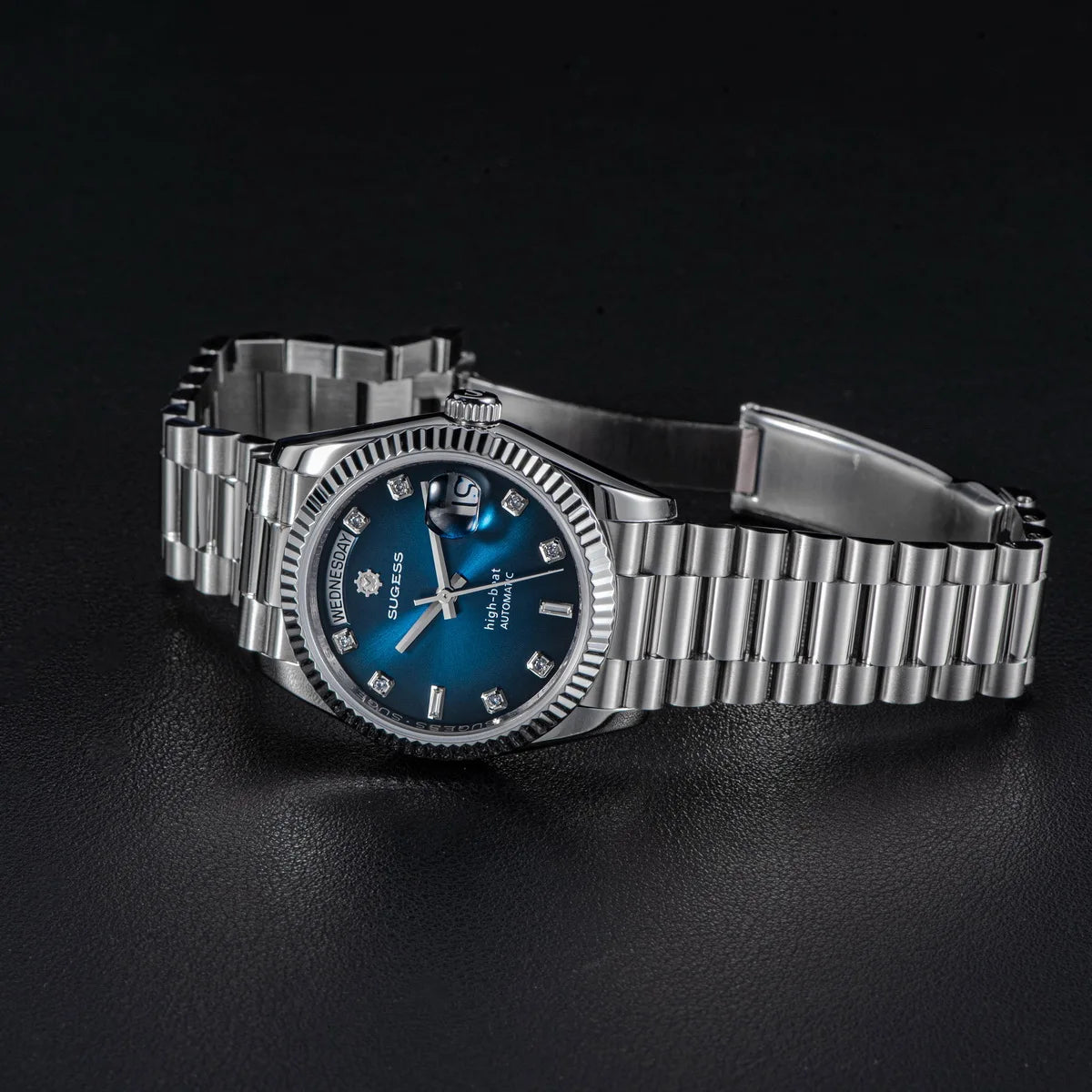 Sugess 36mm Mens of Watch Automatic Dandong Peacock SL3034 Day Movement Sapphire Glass 100m Waterproof Wristwatches MOP Date New