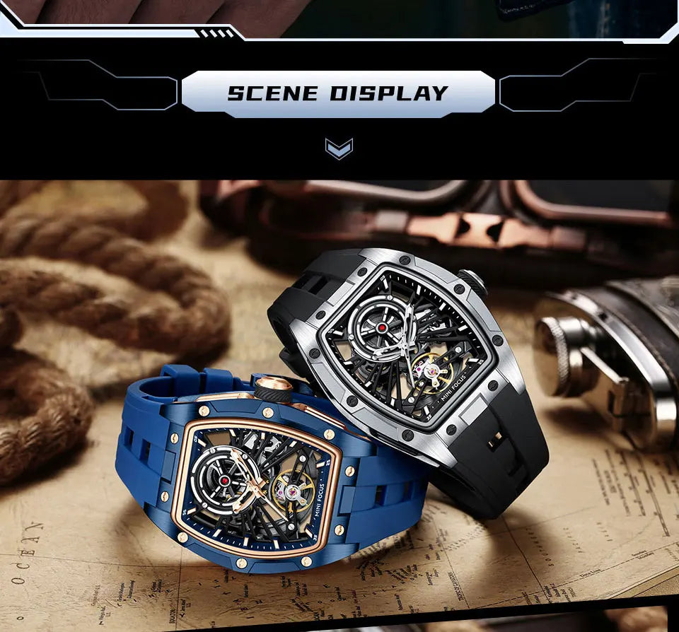 MINI FOCUS Orologio da polso da uomo fashion nero impermeabile, automatico meccanico, con lancette luminose, cinturino in silicone e quadrante tonneau