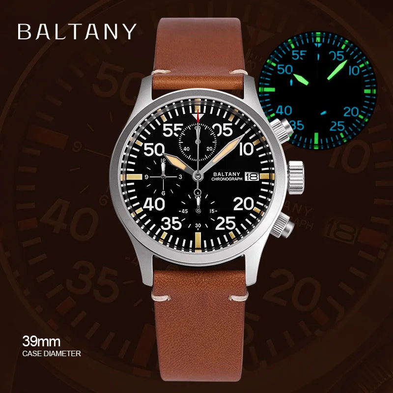 Baltany Quartz Chronograph S5045 Sunburst Blue Dial VK67 100M Stainless Steel Calendar Window Sapphire Vintage Military Watches
