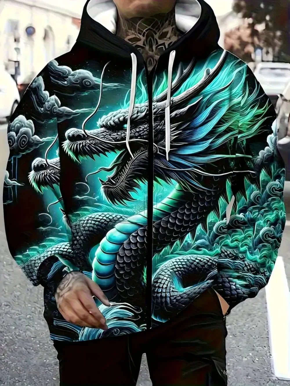 Men's Dragon Print Zipper Hoodie Outdoor Activities Travel Drawstring Long Sleeve Hoodies Autumn Winter Oversize Man Sweatshirts