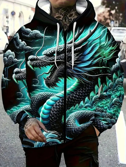 Men's Dragon Print Zipper Hoodie Outdoor Activities Travel Drawstring Long Sleeve Hoodies Autumn Winter Oversize Man Sweatshirts