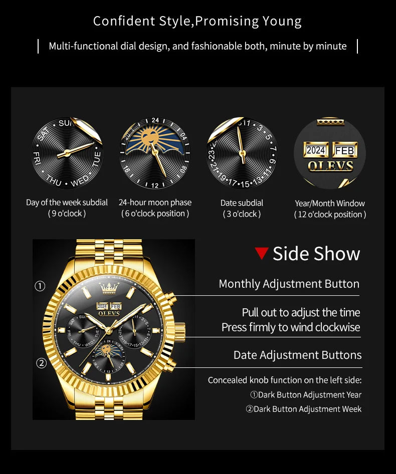 OLEVS 6688 Fashion Automatic Mechanical Men's Watch Moon Phase Dual Calendar Waterproof Luminous Luxury Business Watch for Man