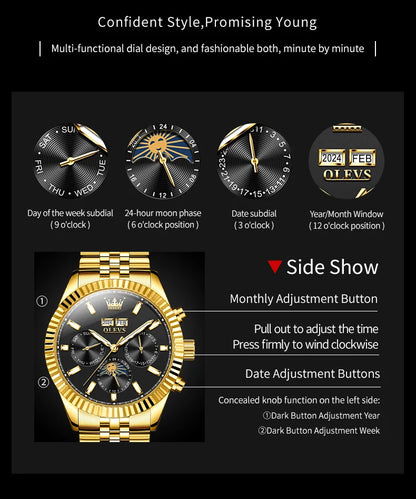 OLEVS 6688 Fashion Automatic Mechanical Men's Watch Moon Phase Dual Calendar Waterproof Luminous Luxury Business Watch for Man