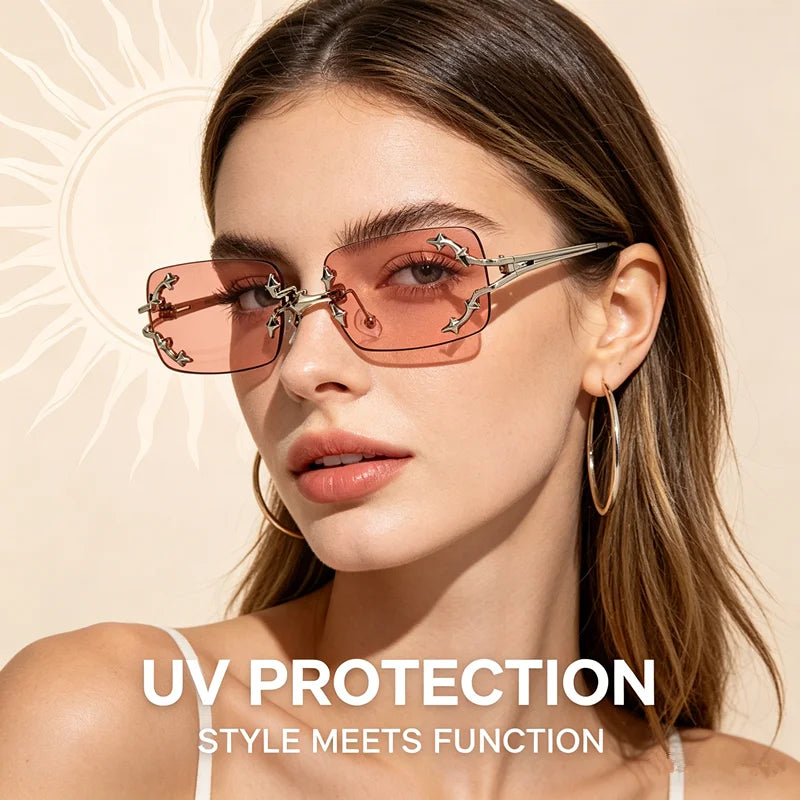 Y2K Rimless Square Star Sunglasses for Women Fashion Vintage Silver Hip Hop Driving UV400 Eyewear Alloy Frame Outdoor Men Punk