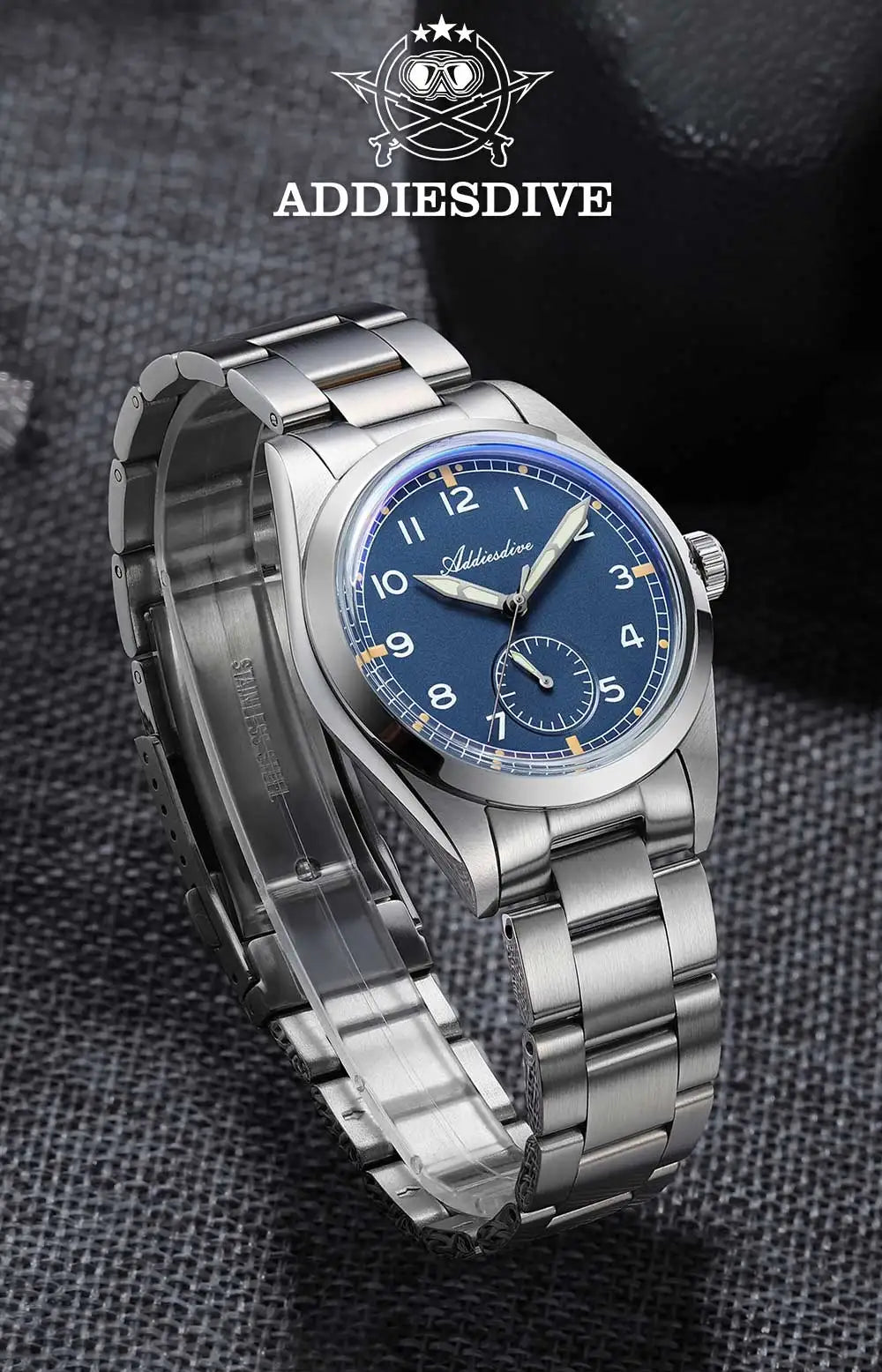 Orologio da uomo ADDIESDIVE 36mm al quarzo VH60, luminoso BGW9, vetro bombato, impermeabile 10Bar, in acciaio inossidabile